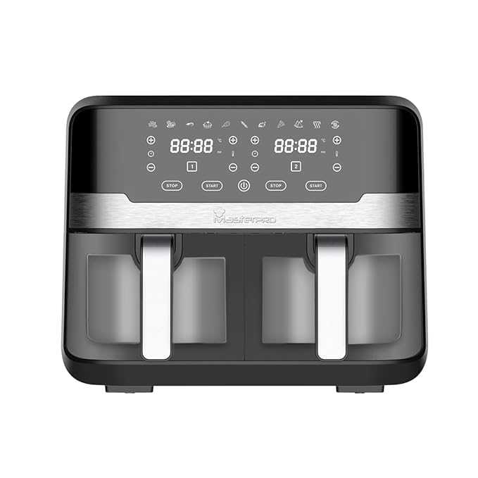 Bergner MasterPro 9L Dual Basket Air Fryer, 2400W, 360° Airflow, Touch, Black