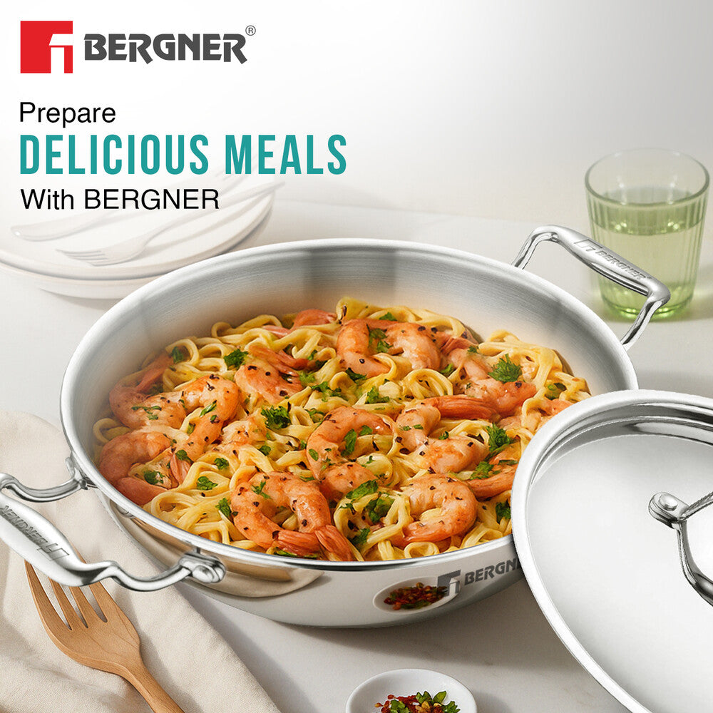 Bergner Argent Tri-Ply Stainless Steel Kadai with Lid, 6.1-Quart Multi-Stove