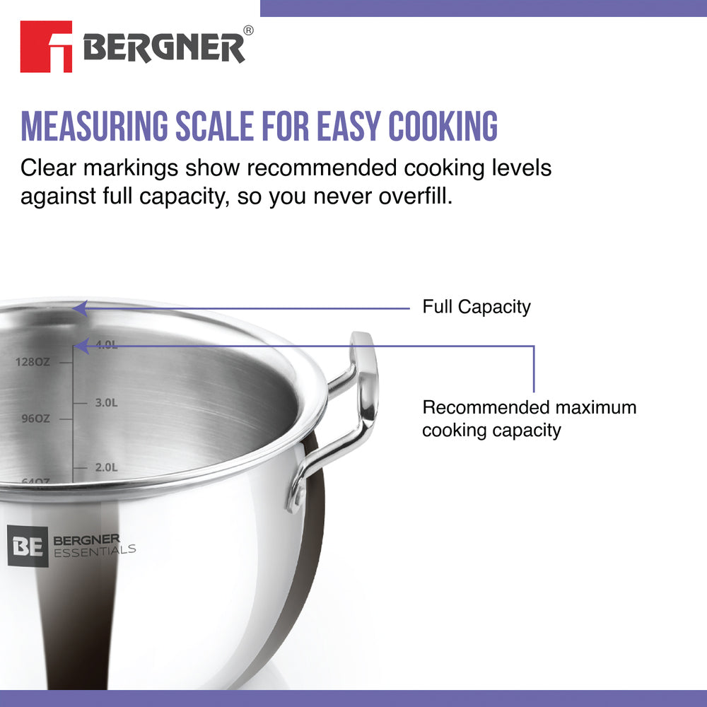 Bergner TriPro Tri-Ply Stainless Steel Deep Kadai with Lid, 24cm 3-Liter