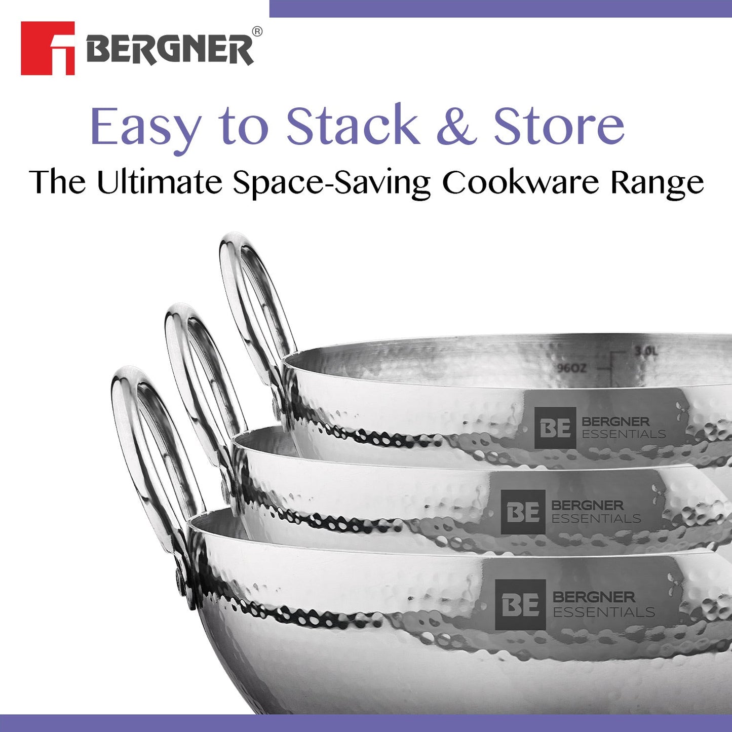 Bergner BE Essentials 28cm Hammered Stainless Steel Kadai for Gas Cooktops