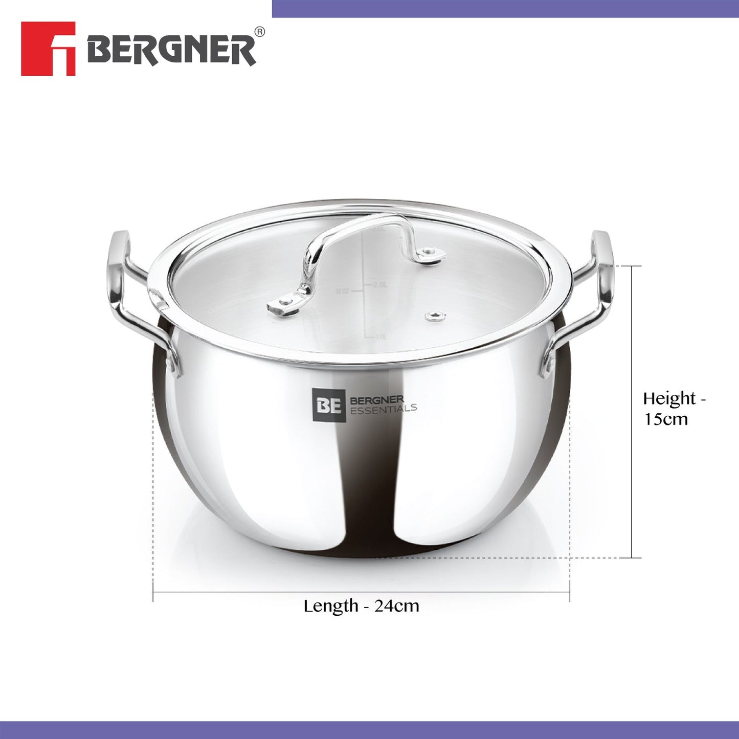 Bergner Essentials Tri-Ply Stainless Steel Rice Handi with Glass Lid, 2-Quart Capacity