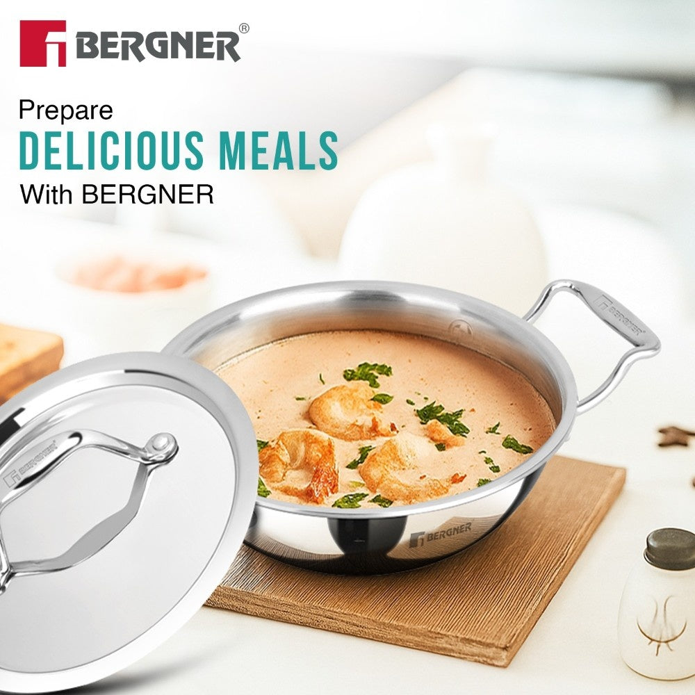 Bergner Argent Tri-Ply Stainless Steel Mini Kadai with Lid, Induction Ready