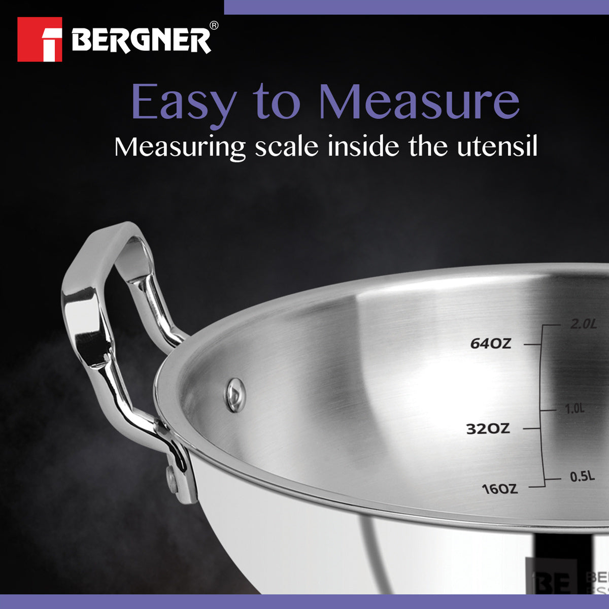 Bergner TriPro Tri-Ply Stainless Steel Kadai 9.45-inch, 2.64-Quart, Induction Ready