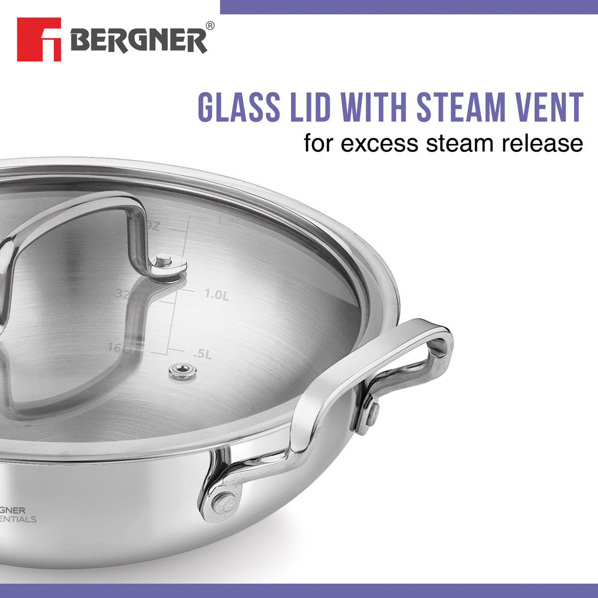 Bergner BE Essentials Tri-Ply Stainless Steel 26cm 3.9L Kadai Cookware with Flat Glass Lid