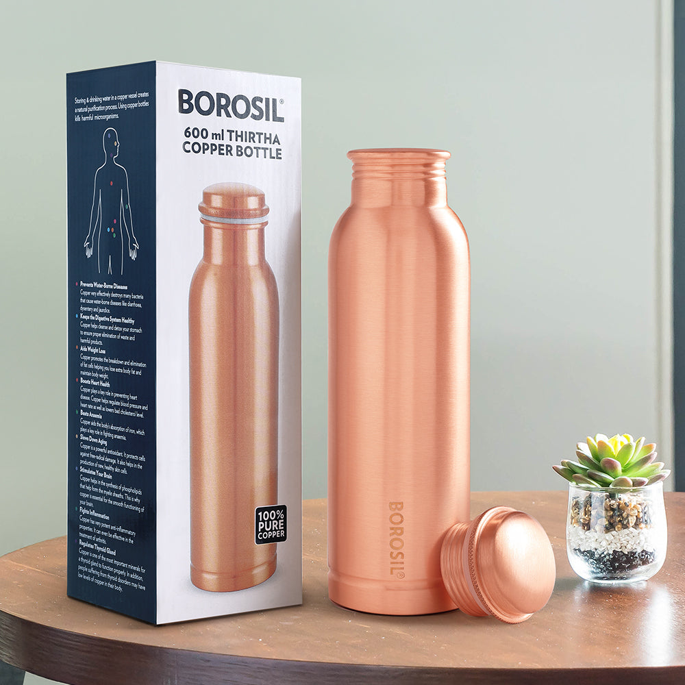 Borosil Thirtha Plain Pure Copper Water Bottle 600ml Healthy Hydration