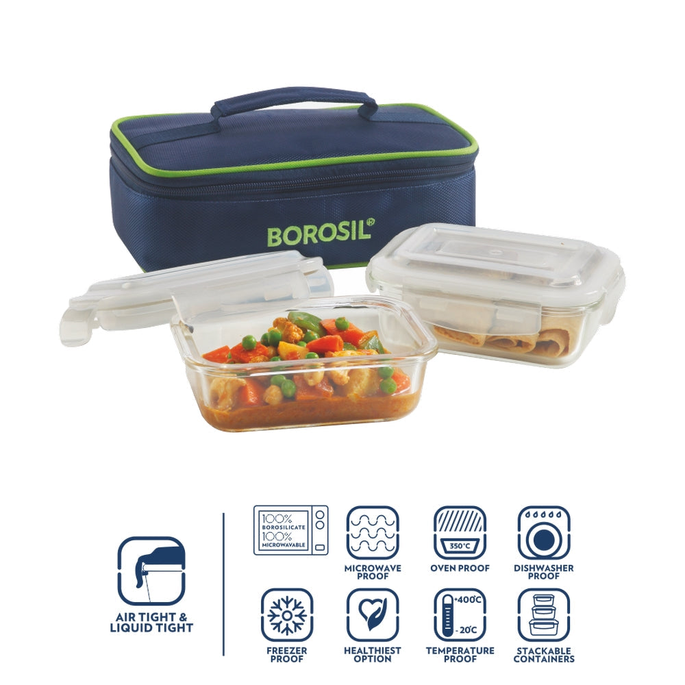 Borosil Blue Glass Lunchbox Set 370ml Rectangular Microwave Safe