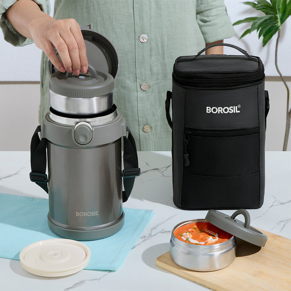 Borosil CarryMe Insulated Stainless Steel Leakproof Lunchbox Set with Spoon