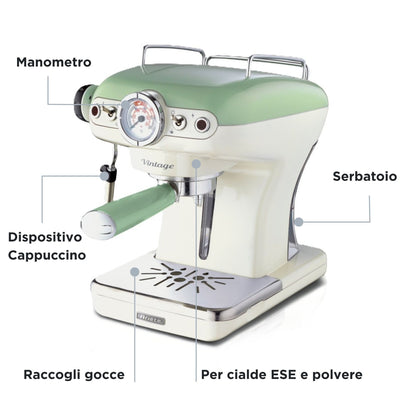 Ariete Vintage Espresso Coffee Machine Green, 15 Bar Pump, Maxi-Cappuccino Device