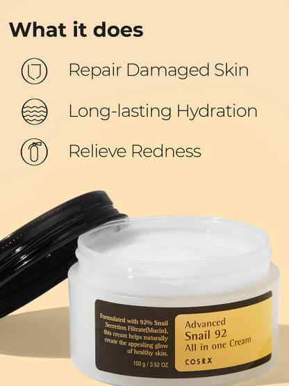 COSRX Advanced Snail 92 All-in-One Cream: 92% Snail Mucin, Intense Hydration & Repair