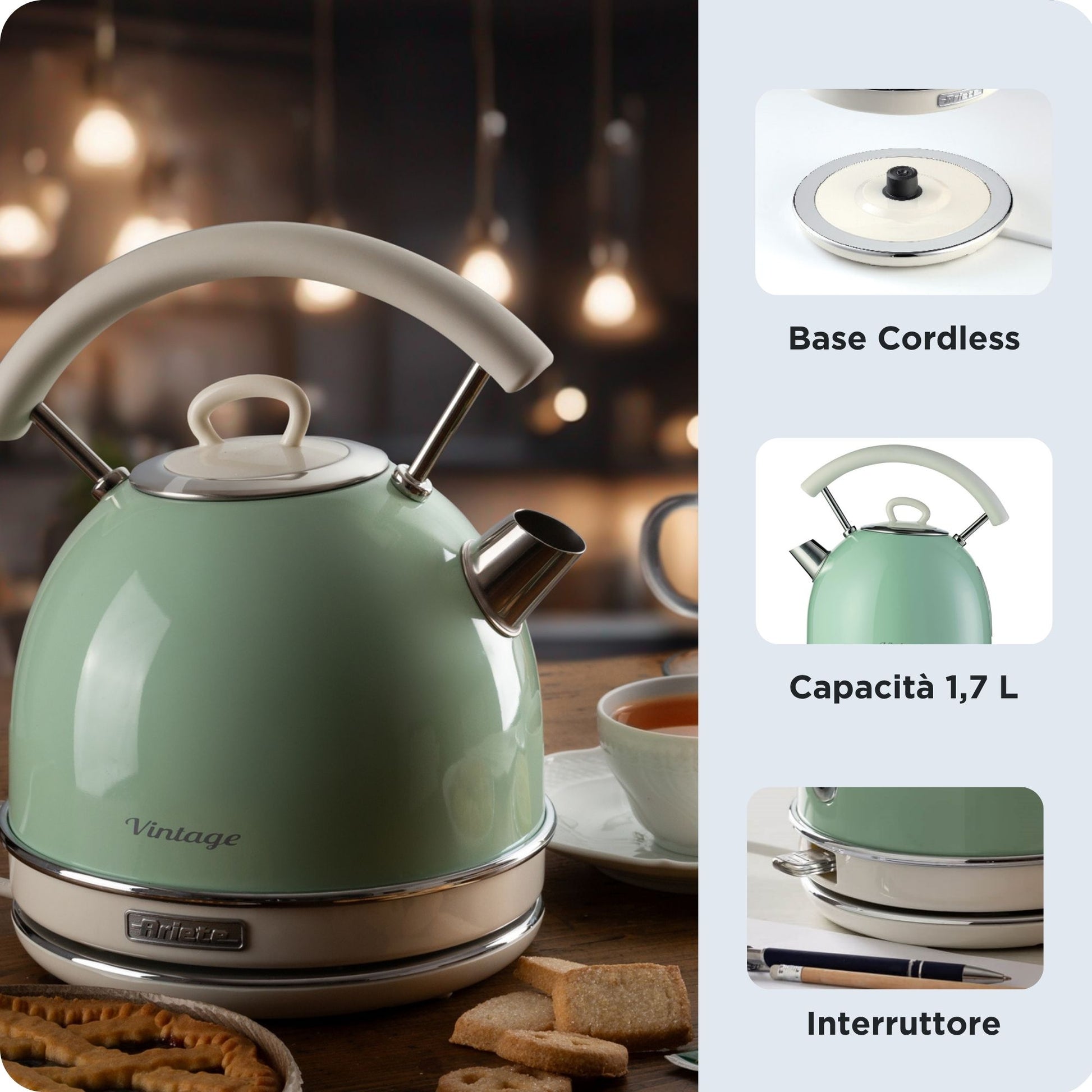 Ariete 2877 Vintage Green Electric Kettle 1.7L with Auto Shut-off