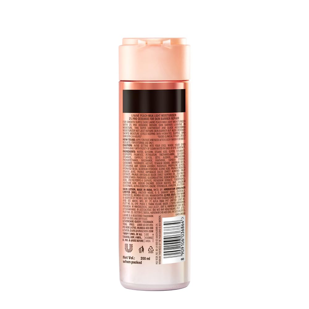 Lakme Peach Milk Pro Ceramide Moisturizer: Vitamin E, Deep Hydration, 200ml