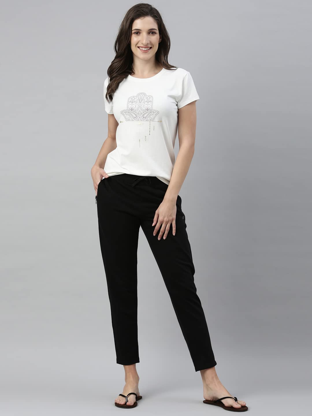 Enamor Women's Mid Rise Ankle Length Relax Pants, Slim Fit French Terry