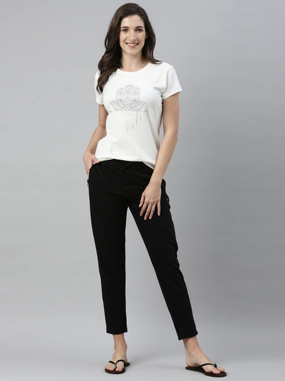 Enamor Women's Mid Rise Ankle Length Relax Pants, Slim Fit French Terry