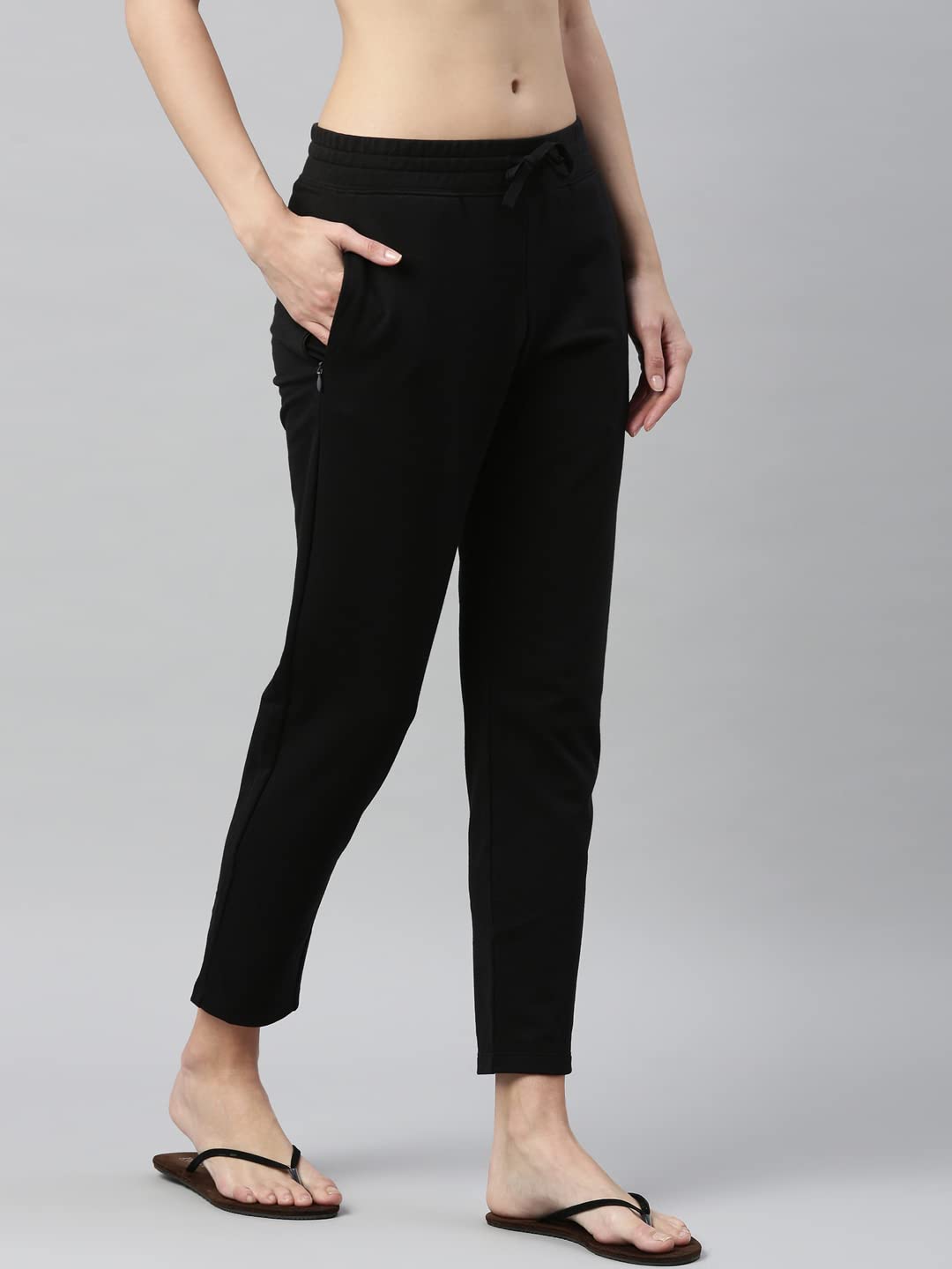Enamor Women's Mid Rise Ankle Length Relax Pants, Slim Fit French Terry