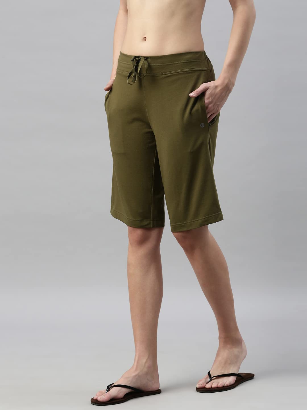 Enamor Women's Mid Rise Knee Length Cotton City Shorts Drawstring Closure