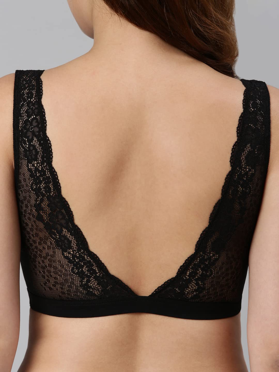 Enamor Women's Soft Cotton Everyday Plunge Bralette with Elegant Lace Back