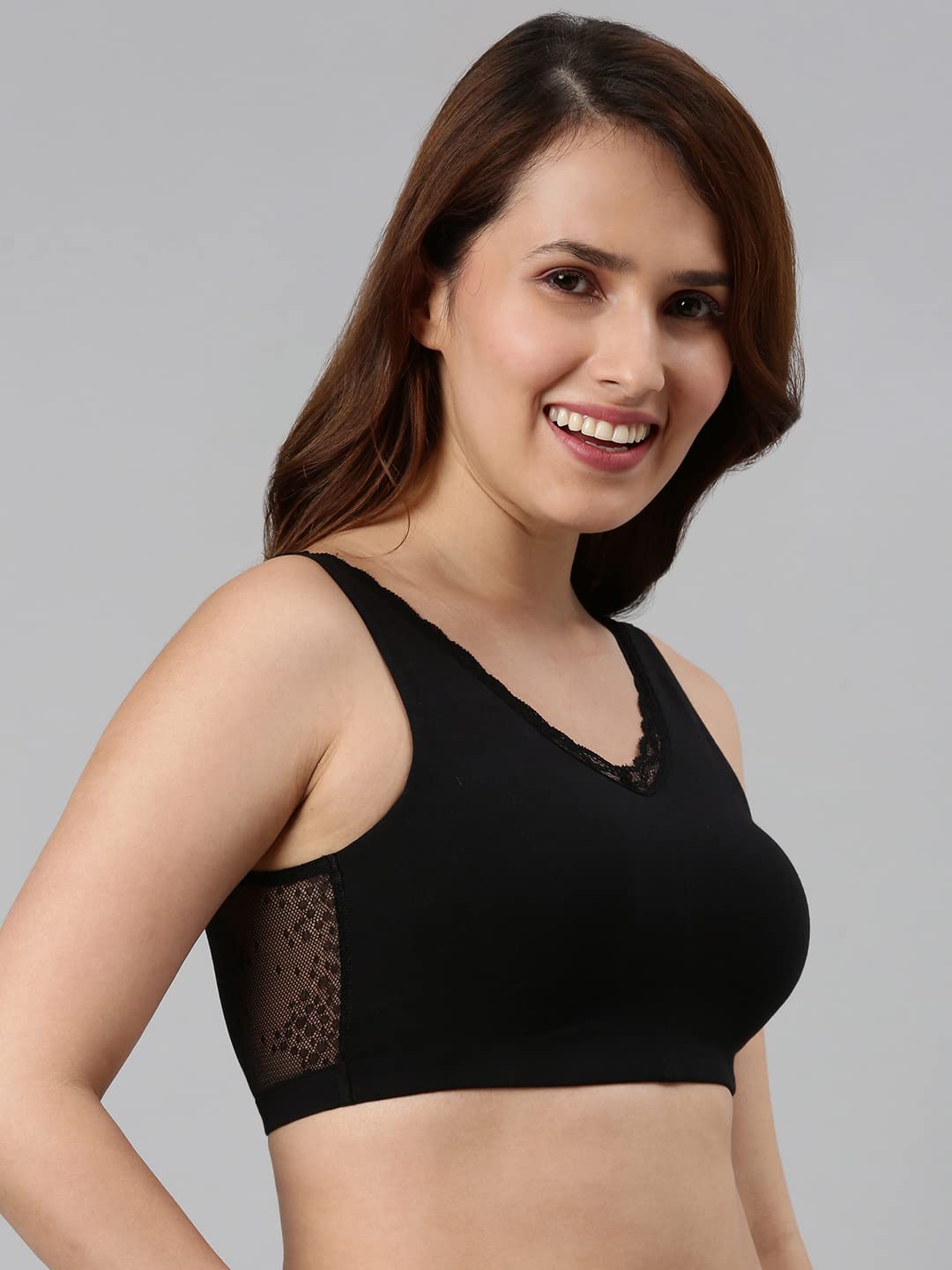 Enamor Women's Soft Cotton Everyday Plunge Bralette with Elegant Lace Back
