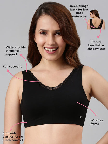 Enamor Women's Soft Cotton Everyday Plunge Bralette with Elegant Lace Back