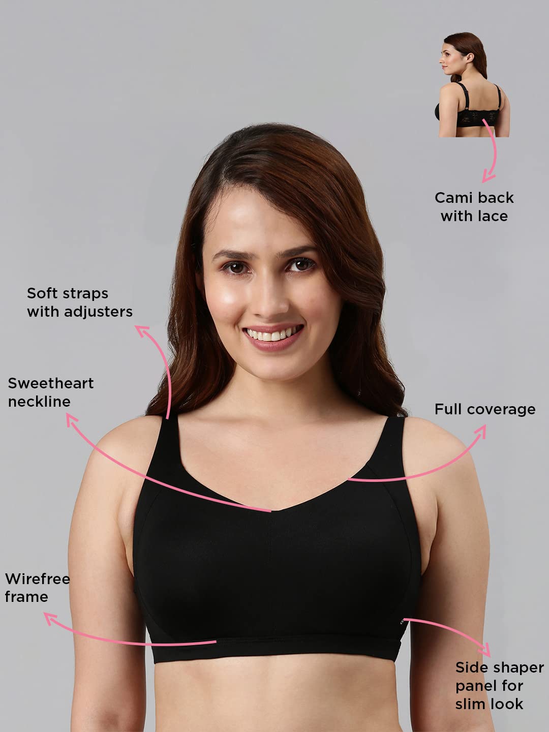 Enamor Women's Nylon Blend Side Shaper Padded Wirefree Full-Coverage Bralette