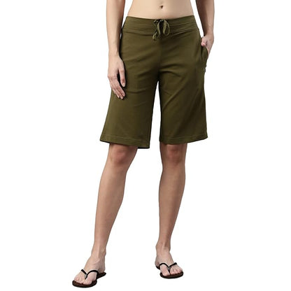 Enamor Women's Mid Rise Knee Length Cotton City Shorts Drawstring Closure
