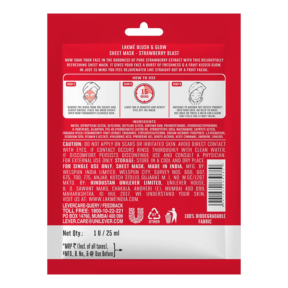Lakme Blush & Glow Strawberry Sheet Mask: Instant Hydration & Fruity Radiance