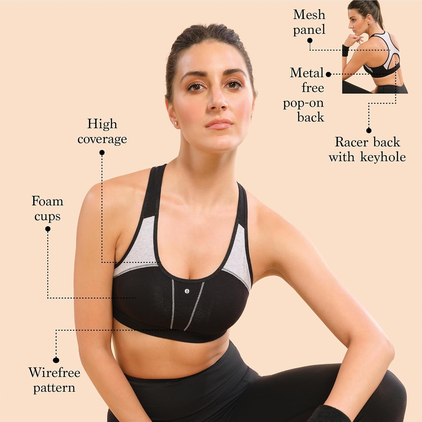 Enamor Women's Medium Impact Cotton Sports Bra with Removable Cups, Racerback Design