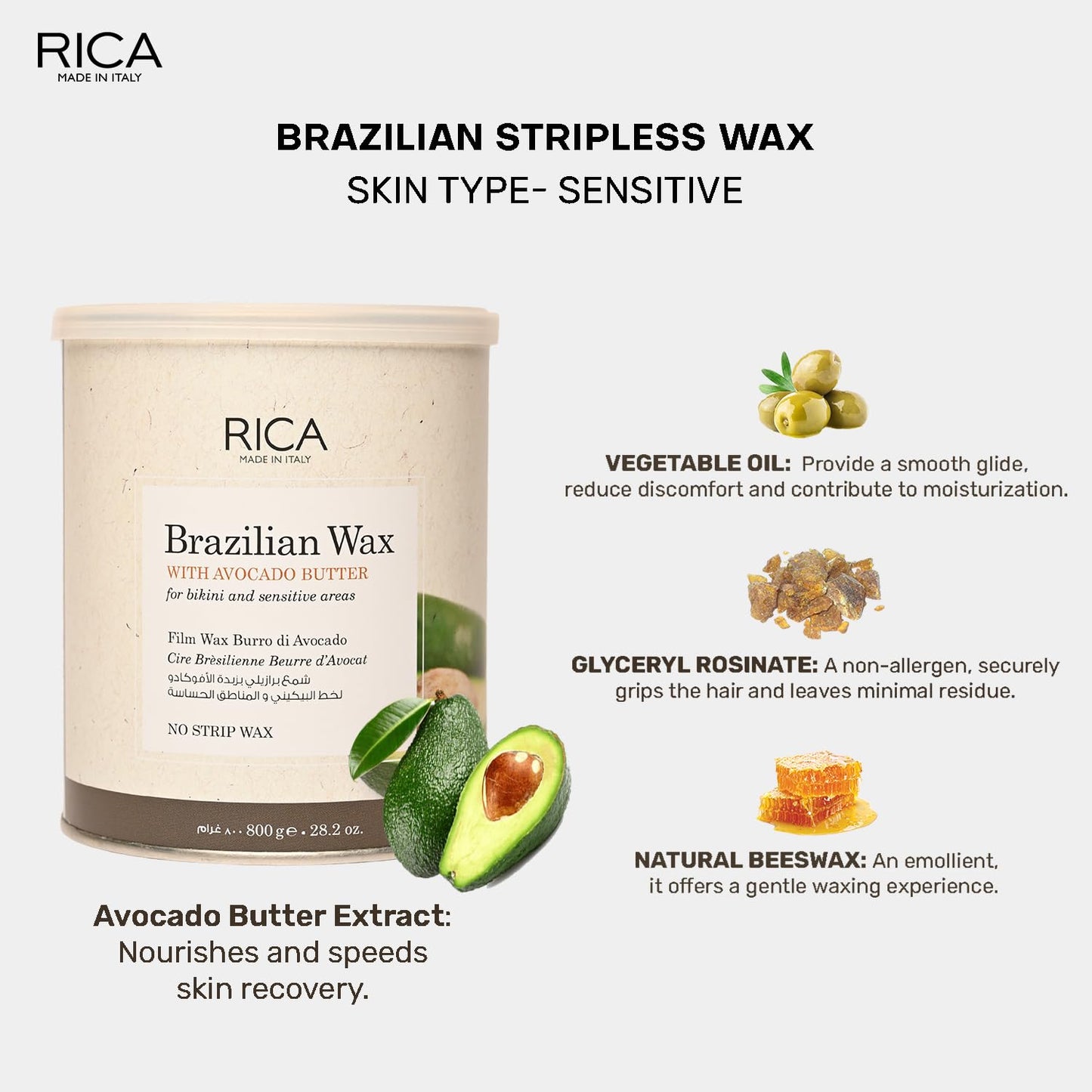 Rica Brazilian Wax Avocado Butter Stripless Face Bikini Hair Removal