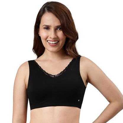 Enamor Women's Soft Cotton Everyday Plunge Bralette with Elegant Lace Back