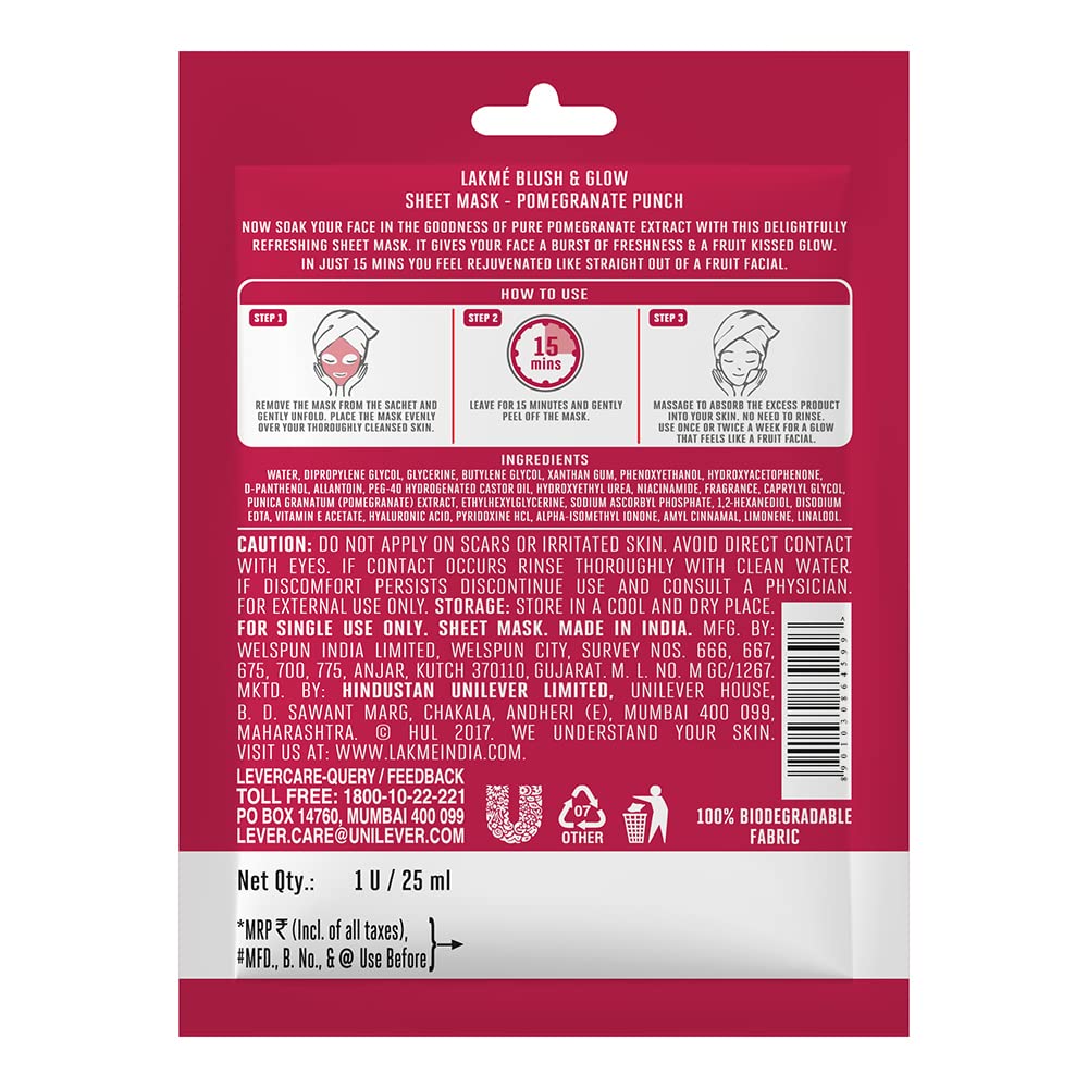 LAKMÉ Blush & Glow Pomegranate Sheet Mask, Soothing, Hydrating, 9.5 ml