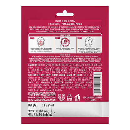LAKMÉ Blush & Glow Pomegranate Sheet Mask, Soothing, Hydrating, 9.5 ml