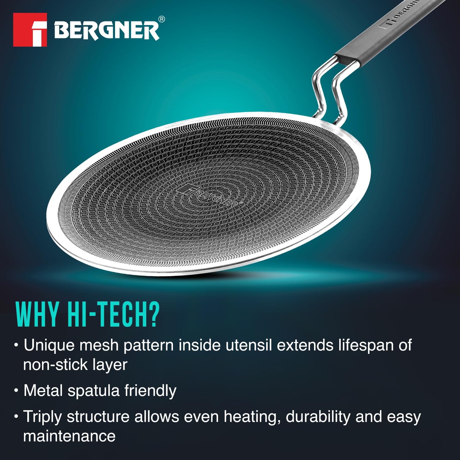 BERGNER Hi-Tech Tri-Ply Stainless Steel 26cm Roti Tawa, Non-Stick Honeycomb Mesh Cooktop Pan