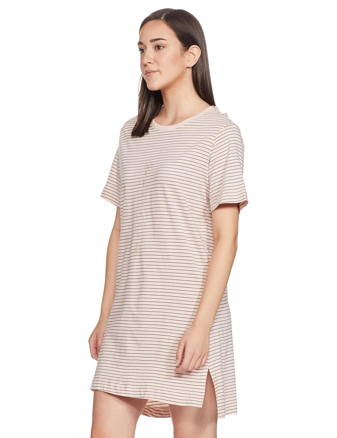 Women's Pink Striped Cotton Tunic T-Shirt: Soft, Breathable, Relaxed Mid-Thigh Fit