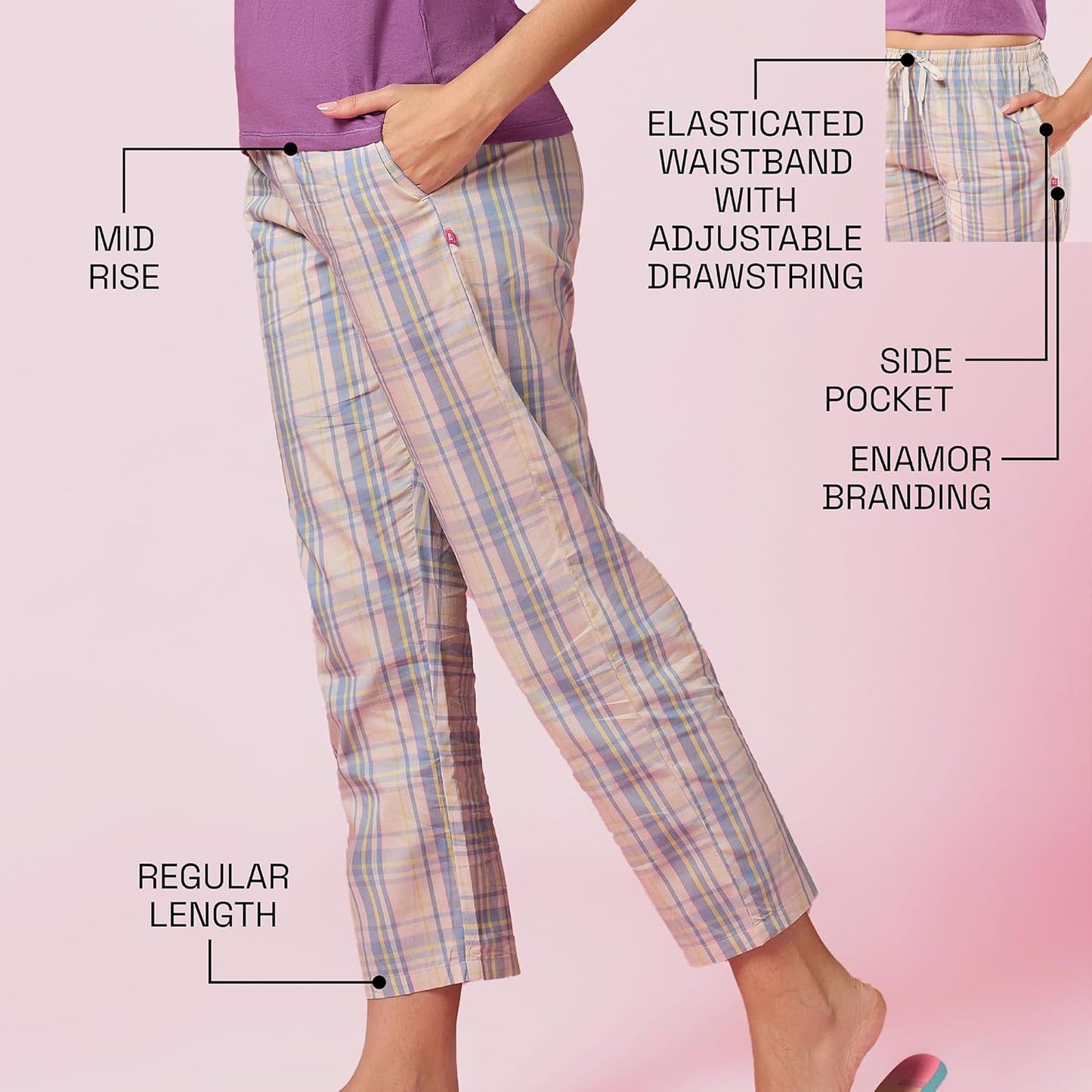 Enamor Women's Combed Cotton Mid-Rise Full Length Relaxed Fit Drawstring Lounge Pants