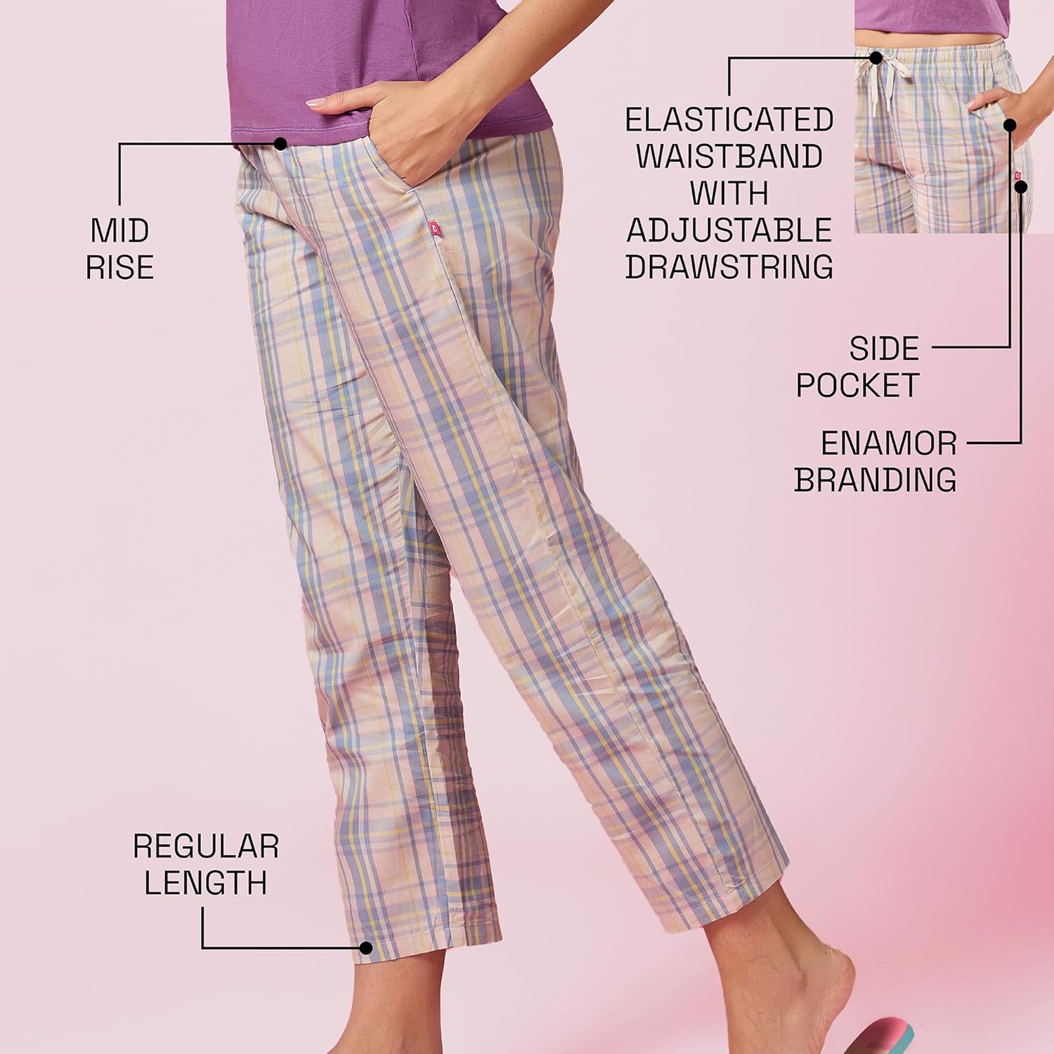 Enamor Women's Combed Cotton Mid-Rise Full Length Relaxed Fit Drawstring Lounge Pants