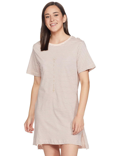 Women's Pink Striped Cotton Tunic T-Shirt: Soft, Breathable, Relaxed Mid-Thigh Fit