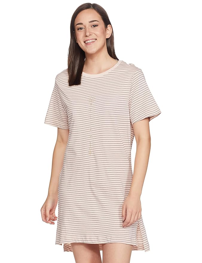 Women's Pink Striped Cotton Tunic T-Shirt: Soft, Breathable, Relaxed Mid-Thigh Fit