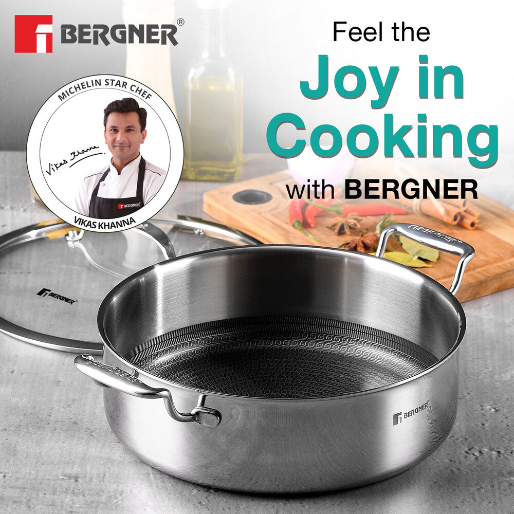 Bergner Hi-Tech Tri-Ply Stainless Steel Non-Stick 24cm Serving Pan with Lid