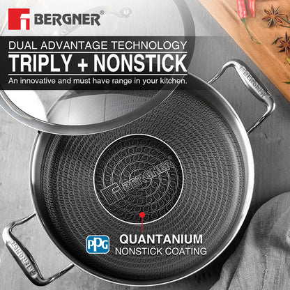 Bergner Hi-Tech Tri-Ply Stainless Steel Non-Stick 24cm Serving Pan with Lid