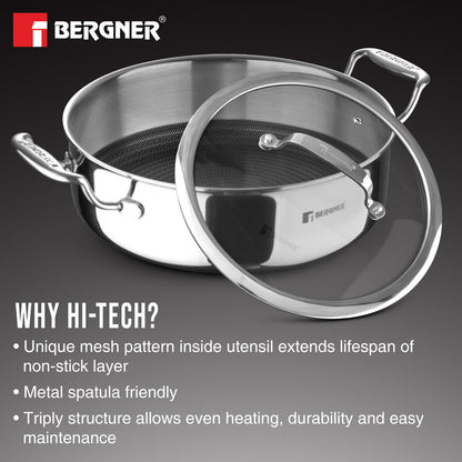 Bergner Hi-Tech Tri-Ply Stainless Steel Non-Stick 24cm Serving Pan with Lid