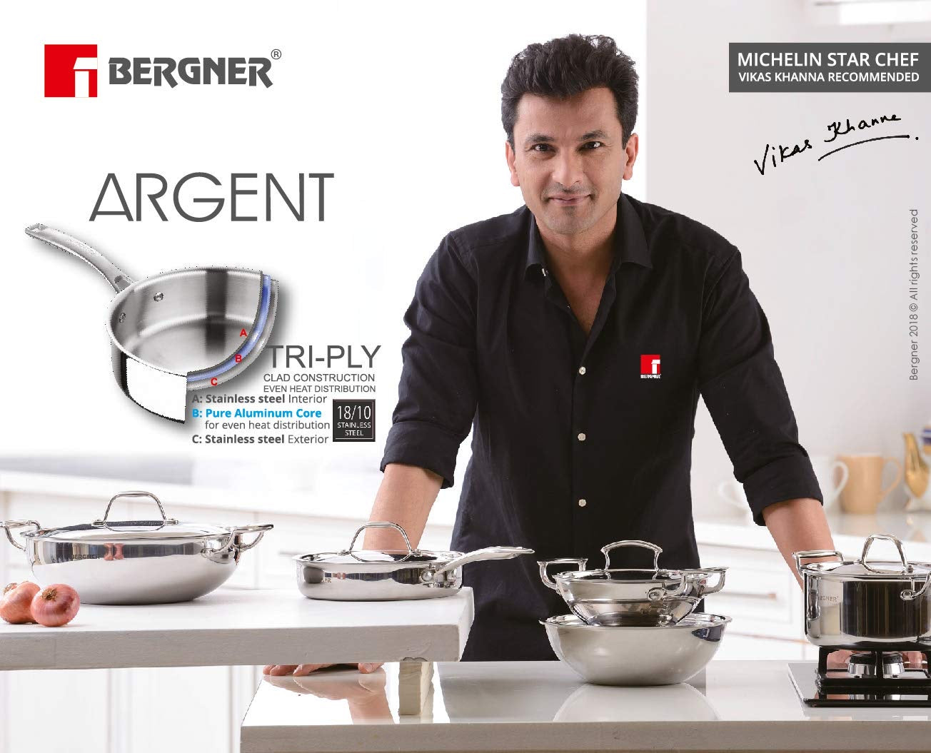 Premium Bergner Argent Tri-Ply Stainless Steel 4.7-inch Tadka Pan with 17oz Capacity