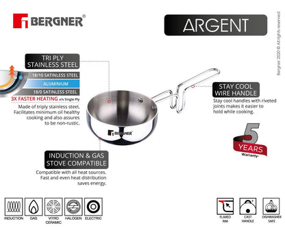 Premium Bergner Argent Tri-Ply Stainless Steel 4.7-inch Tadka Pan with 17oz Capacity