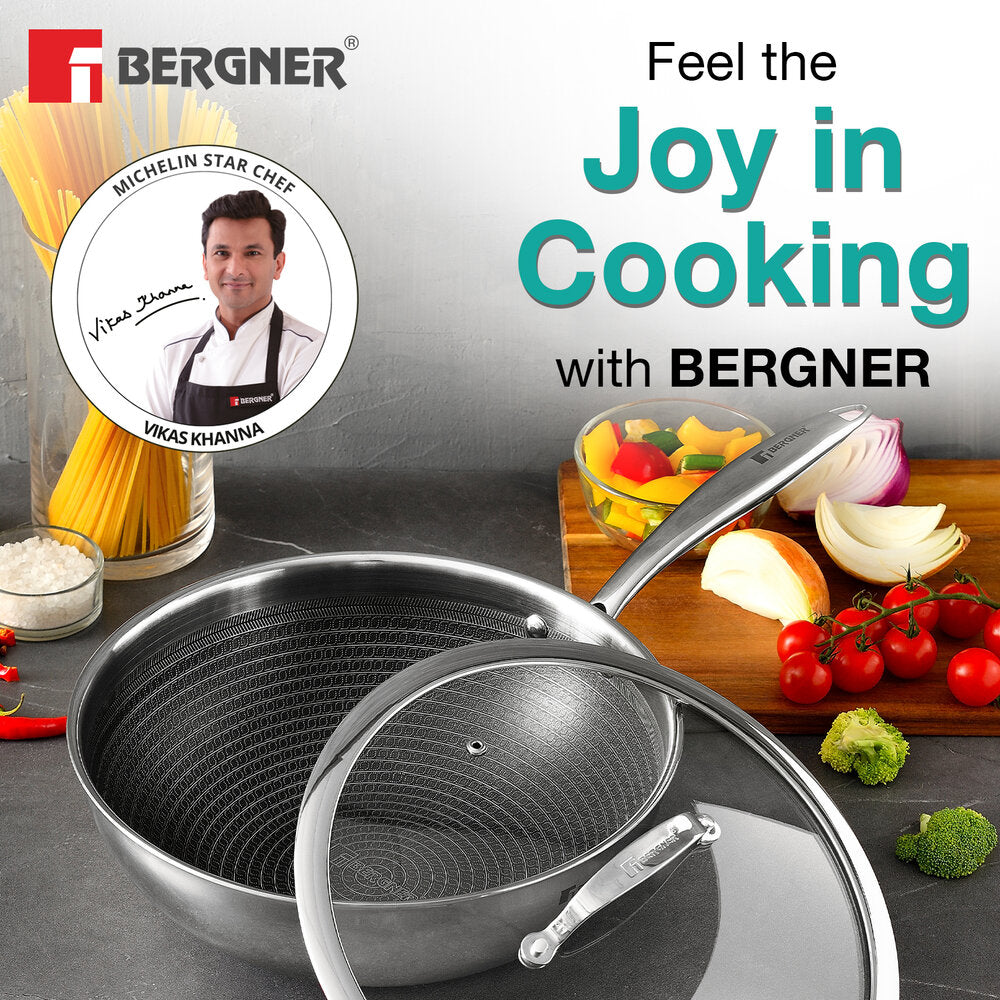 Bergner Hi-Tech Tri-Ply Stainless Steel Non-Stick Wok with Glass Lid for Induction
