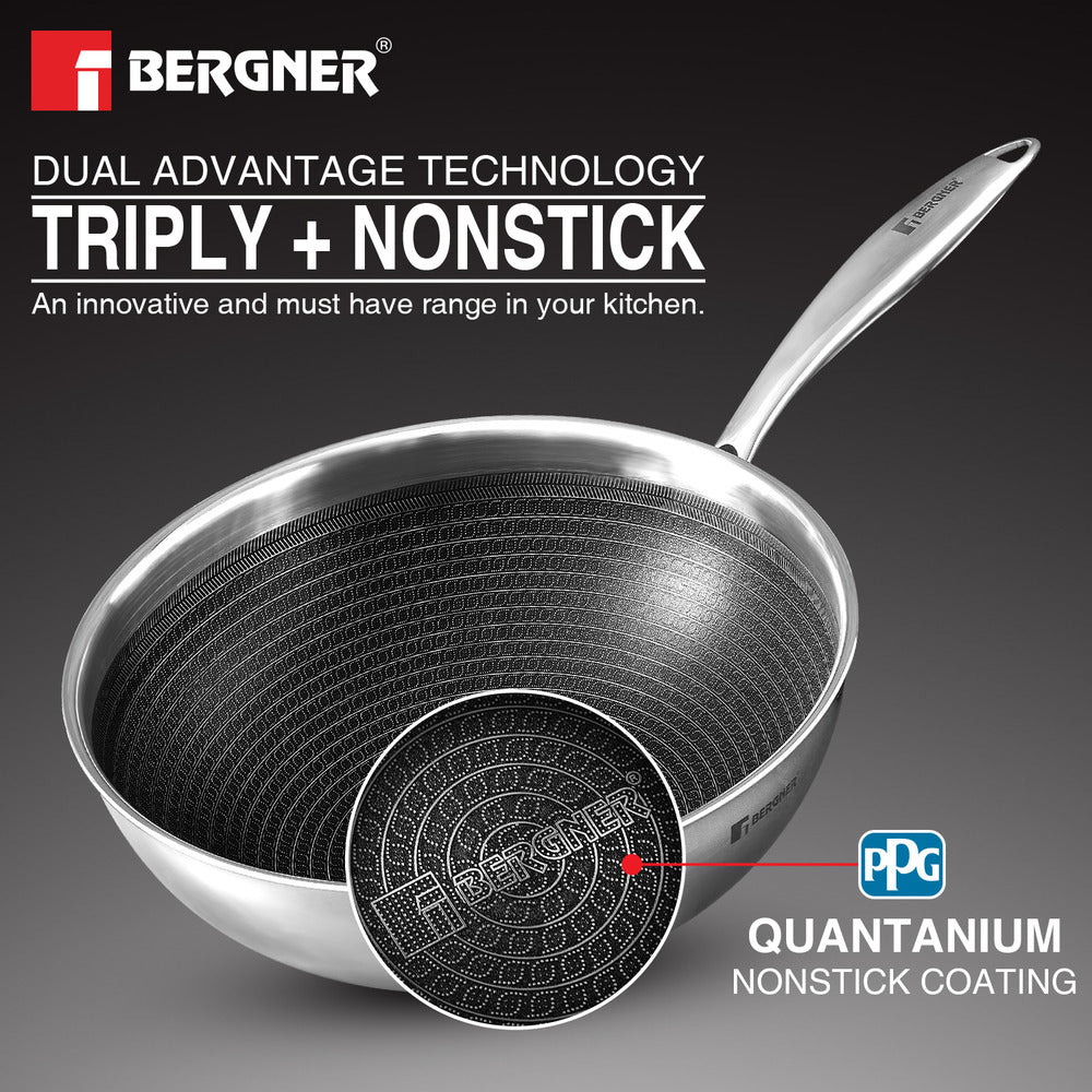 Bergner Hi-Tech Tri-Ply Stainless Steel Non-Stick Wok with Glass Lid for Induction