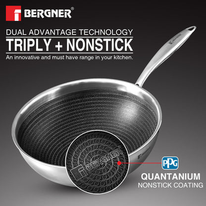 Bergner Hi-Tech Tri-Ply Stainless Steel Non-Stick Wok with Glass Lid for Induction