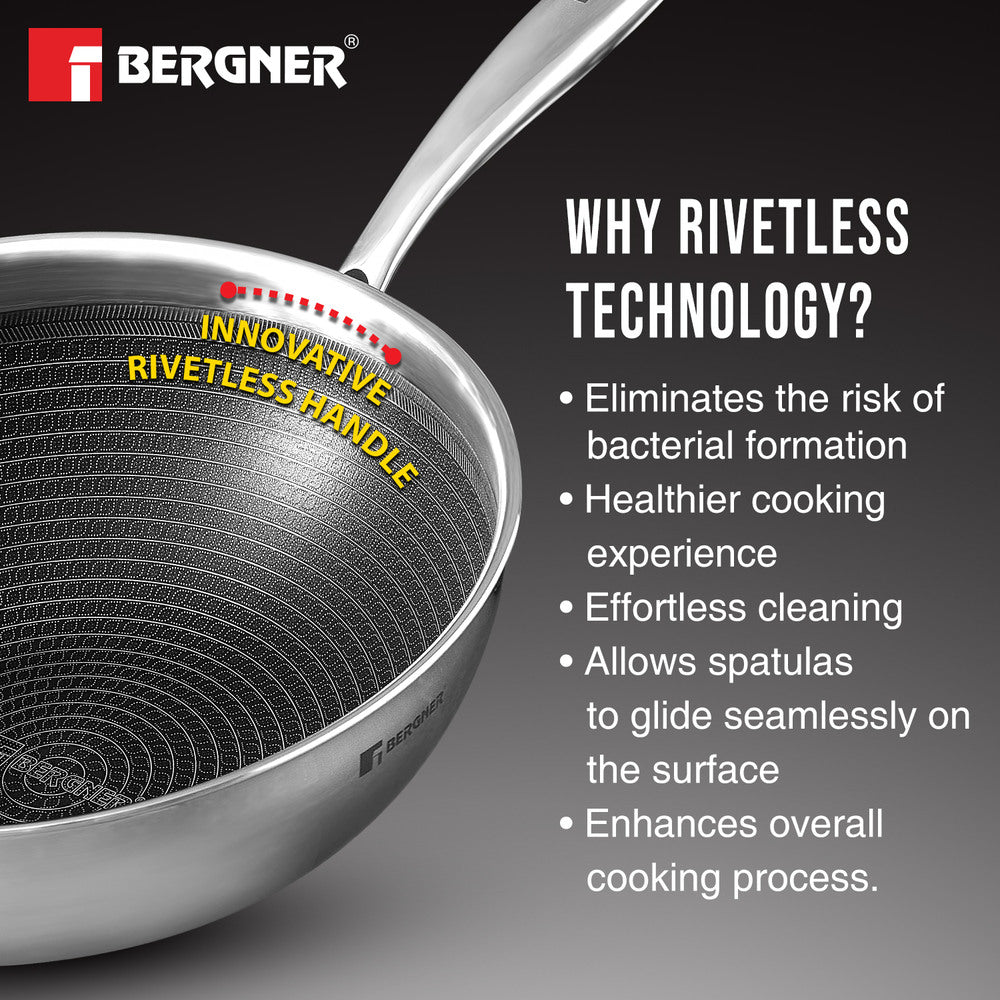 Bergner Hi-Tech Tri-Ply Stainless Steel Non-Stick Wok with Glass Lid for Induction