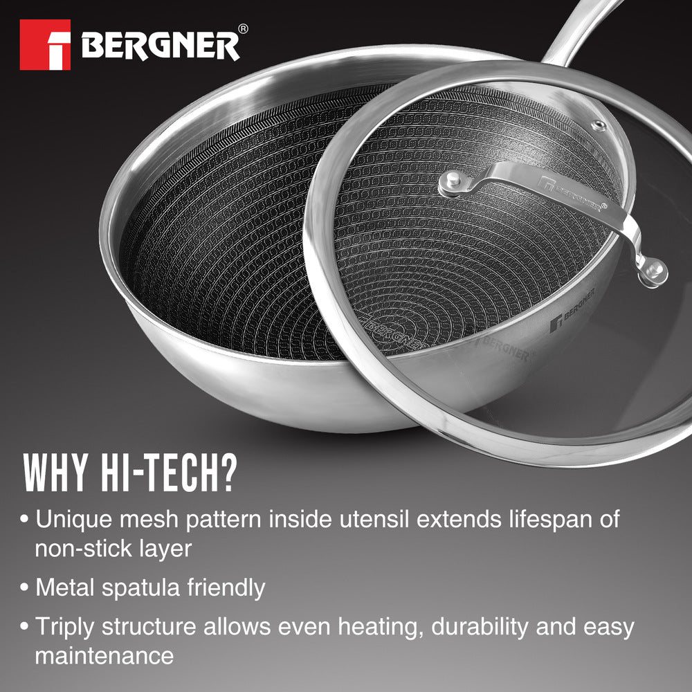 Bergner Hi-Tech Tri-Ply Stainless Steel Non-Stick Wok with Glass Lid for Induction