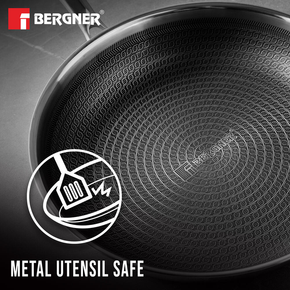Bergner Hi-Tech Tri-Ply Stainless Steel Non-Stick Wok with Glass Lid for Induction
