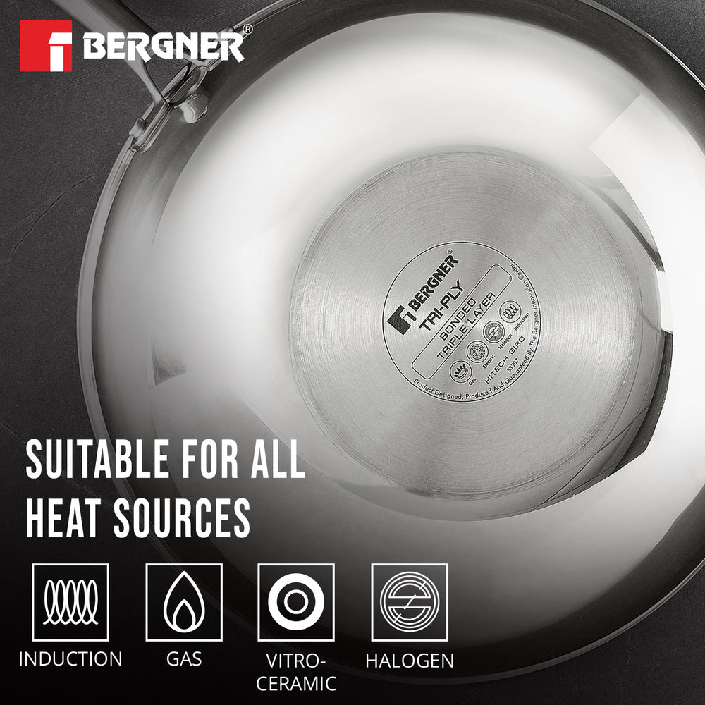 Bergner Hi-Tech Tri-Ply Stainless Steel Non-Stick Wok with Glass Lid for Induction