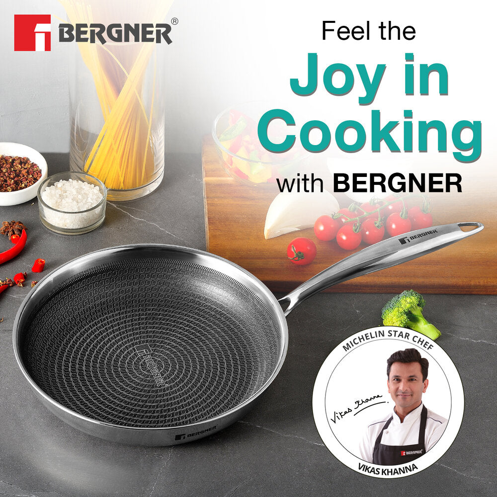 Bergner Hi-Tech TriPly Stainless Steel 20cm Fry Pan, Honeycomb Non-Stick, Induction Bottom