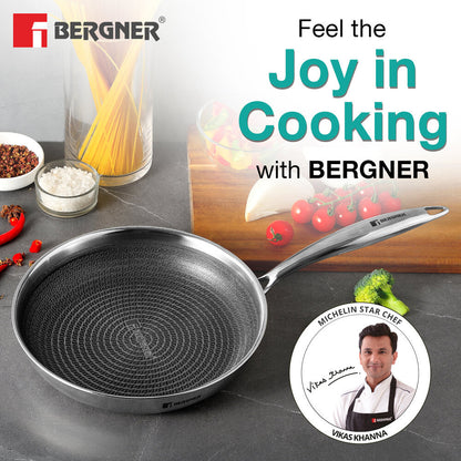 Bergner Hi-Tech TriPly Stainless Steel 20cm Fry Pan, Honeycomb Non-Stick, Induction Bottom